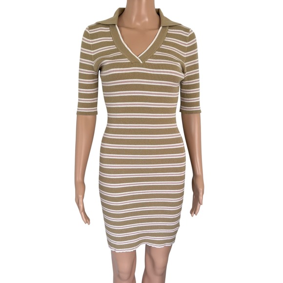 Favorite Daughter Dresses & Skirts - Favorite Daughter Green Striped Ribbed Polo Mini Dress V-Neck Short Sleeve M